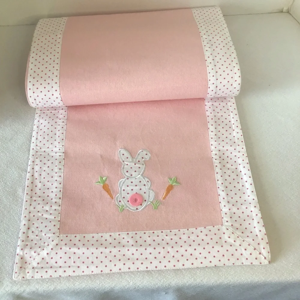 Easter table runner it’s beautiful pink with white polka‎ dot border - bunnies!